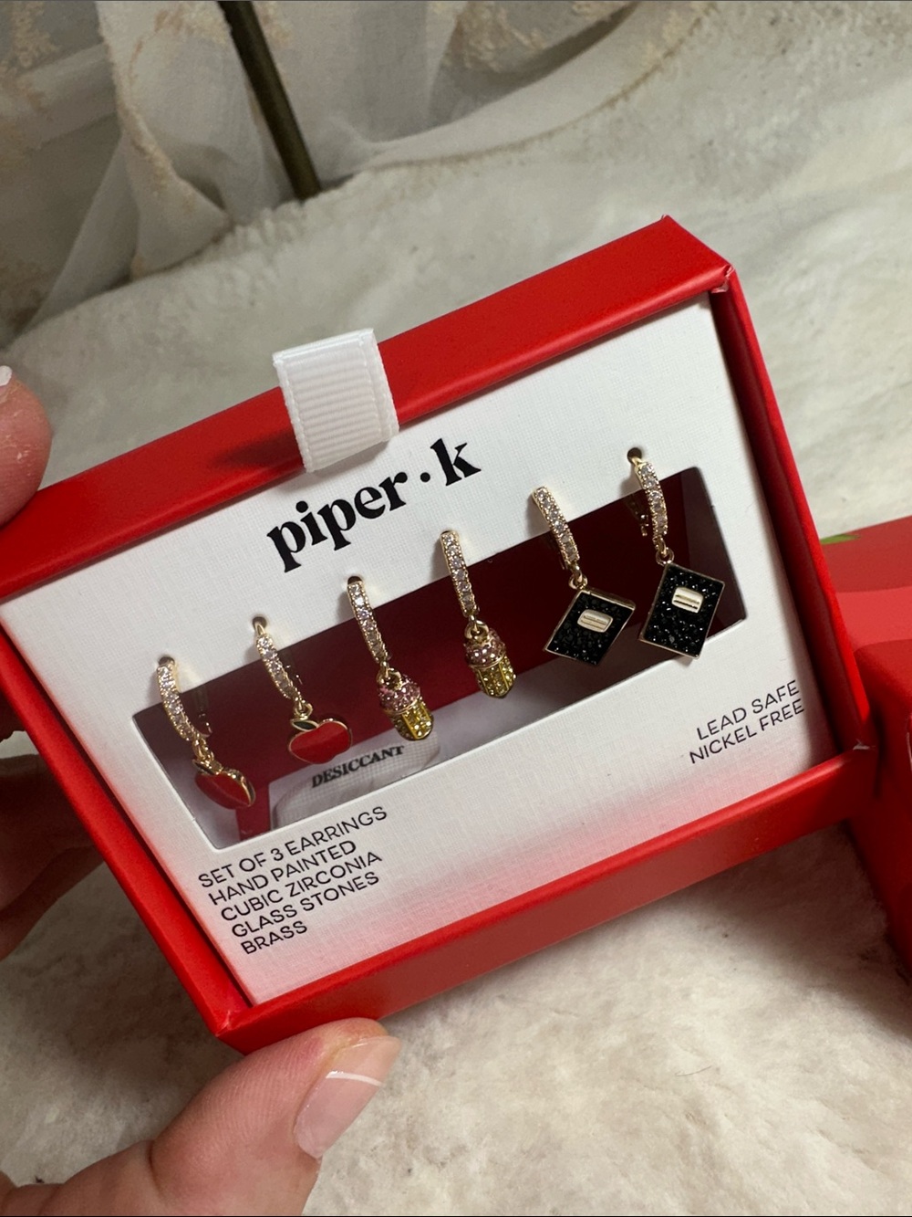 Piper K set of 3 teacher dangle earrings with apples, pencils, and notebooks